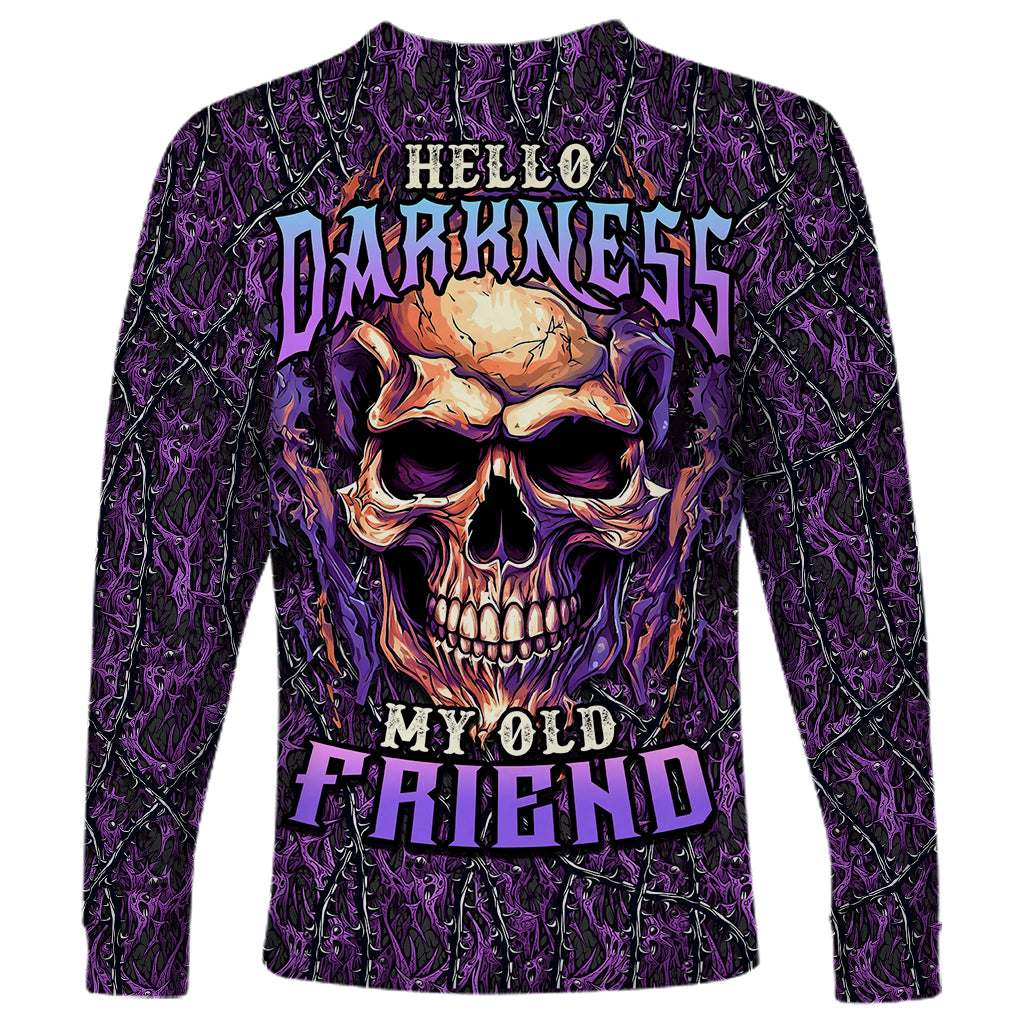 Unisex purple long-sleeve shirt with skull graphic and 'Hello Darkness' text