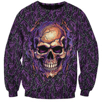 Purple horror skull crewneck sweatshirt with all-over web-like seamless pattern