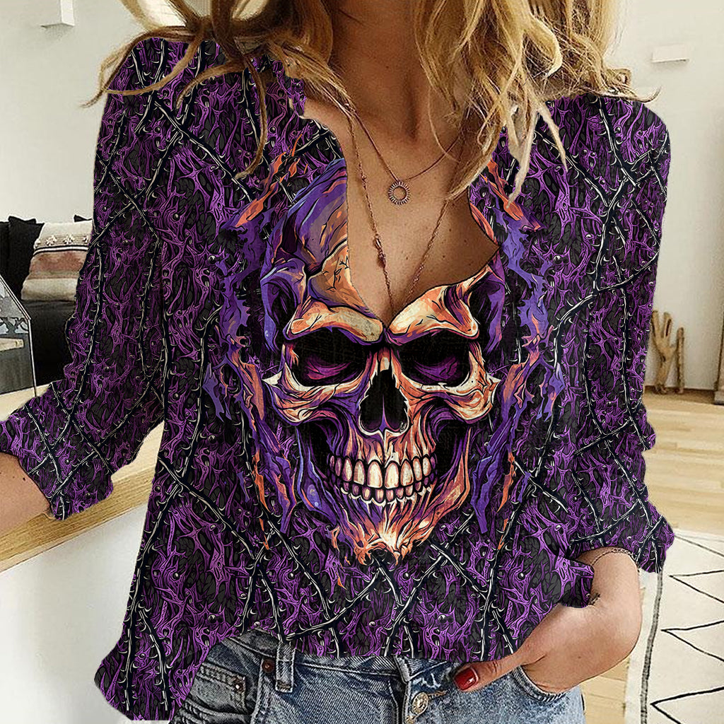 skull-women-casual-shirt-hello-darkness-my-old-friend-horror-seamless-pattern-purple