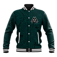 Unisex dark forest green baseball jacket, front button placket, triangle emblem and rib trim