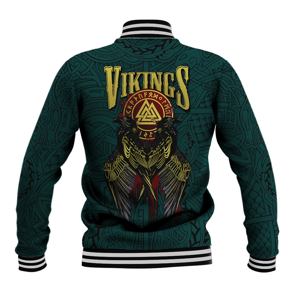 Unisex dark forest green baseball jacket with Viking back graphic and striped rib trim