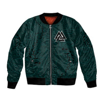 Dark forest green bomber jacket, front zip with chest emblem and ribbed hem cuffs