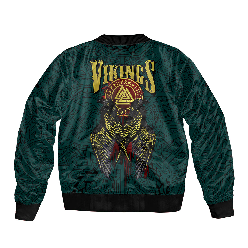 Dark forest green bomber jacket with large back raven graphic and striped ribbed cuffs