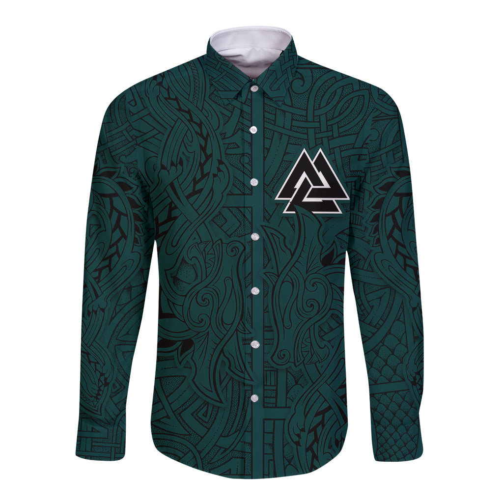 Dark forest green long-sleeve button shirt with front triangular Viking emblem