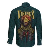 Dark forest green long-sleeve button shirt with Viking raven graphic on back
