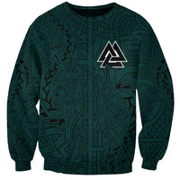 Dark forest green sweatshirt with intricate rune patterns and centered emblem