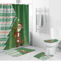 Green holiday shower curtain with Santa harp figure and matching bathroom mat set