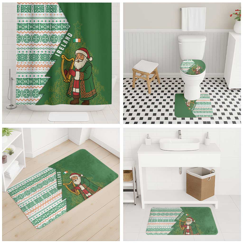 Holiday bathroom set with green Santa shower curtain and matching floor mats