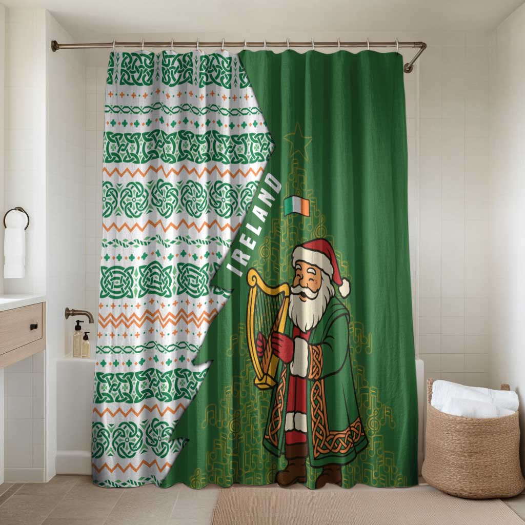 Green holiday shower curtain with Santa harp figure and Celtic pattern border