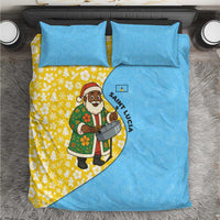 Blue and yellow Christmas bedding set with Santa holding a steelpan, floral pattern