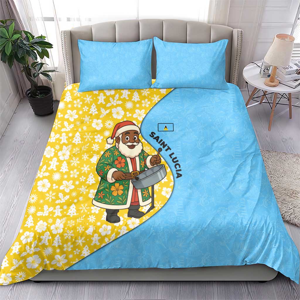Blue and yellow duvet set with Santa steelpan graphic and floral panel, matching pillowcases