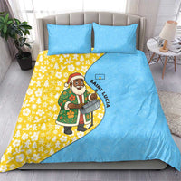 Blue and yellow duvet set with Santa steelpan graphic and floral panel, matching pillowcases