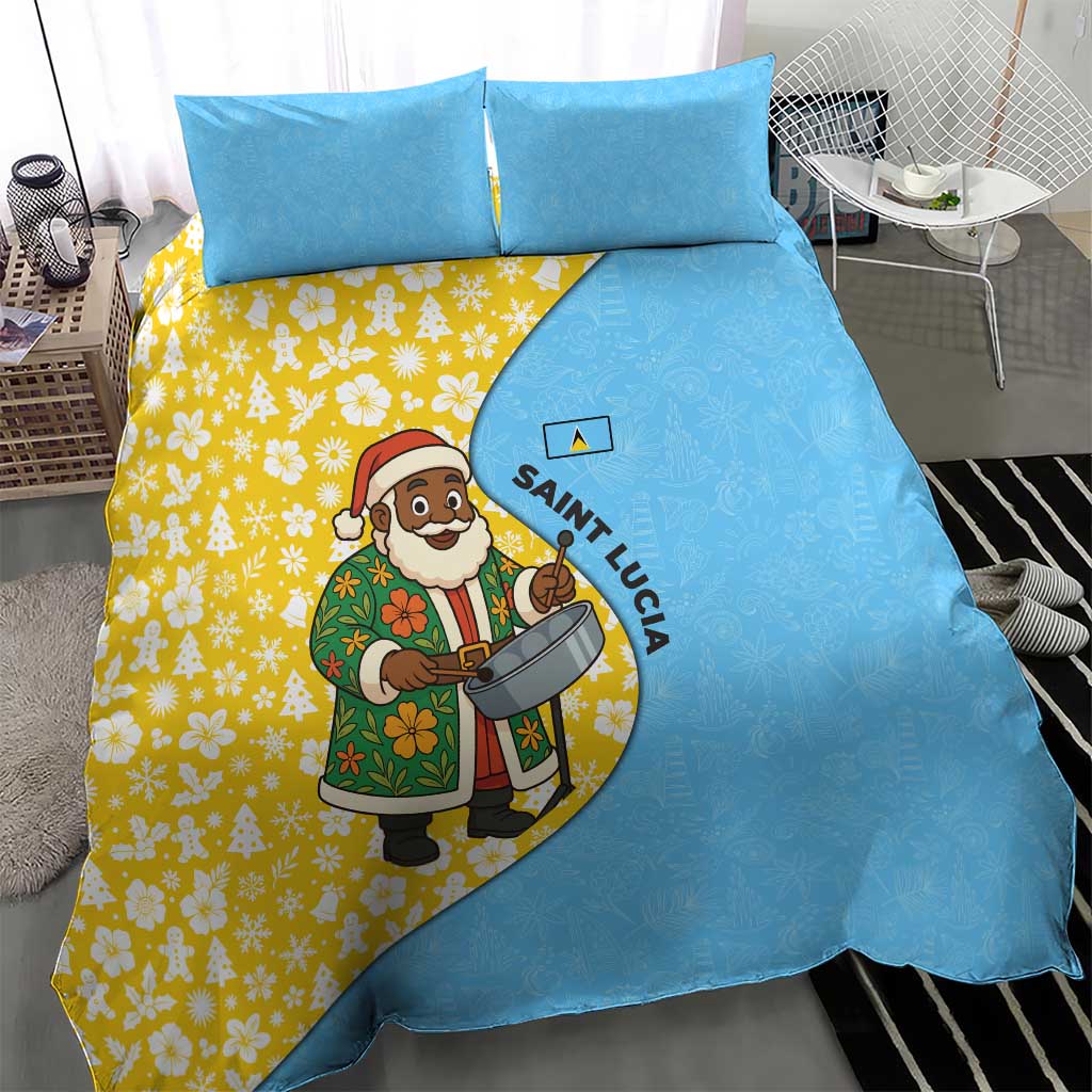 Blue and yellow Christmas bedding set with Santa steelpan illustration and floral print