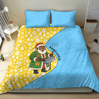 Blue and yellow duvet set featuring Santa holding a steelpan on a floral background