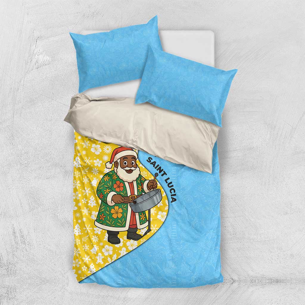 Folded blue and yellow Christmas bedding set with Santa steelpan floral design