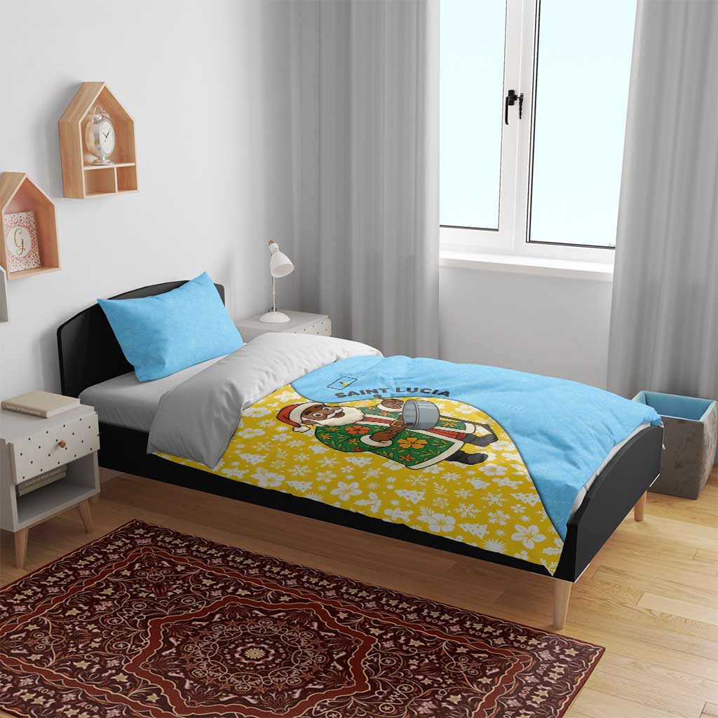 Blue and yellow bedding set with Santa steelpan graphic, floral panel on duvet