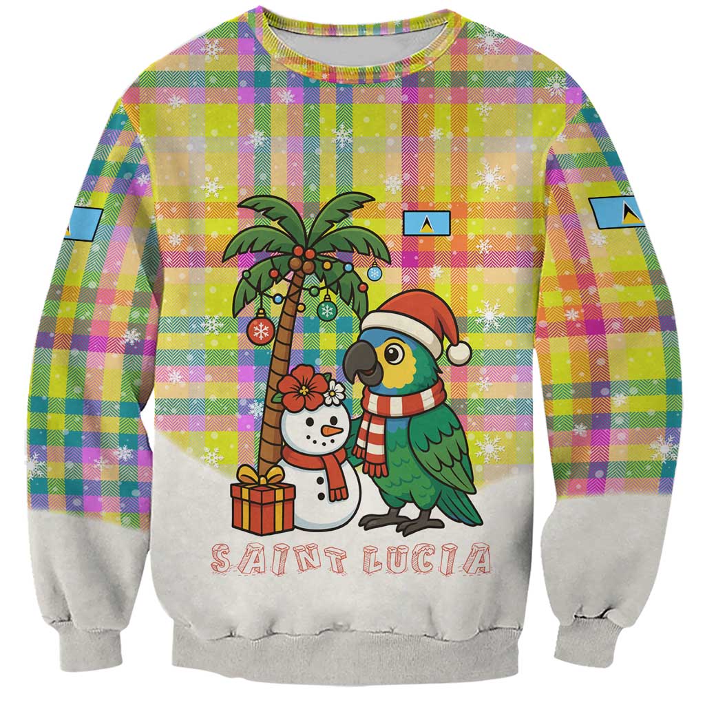 Saint Lucia Christmas Sweatshirt with Parrot Palm Tree Snowman and Plaid Holiday - Wonder Print Shop
