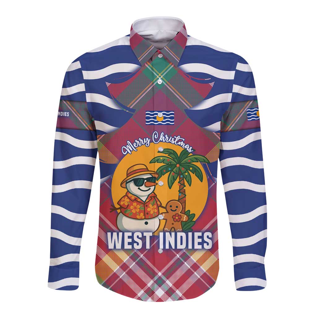 West Indies Christmas Long Sleeve Button Shirt with Tropical Snowman Palm Tree Gingerbread and Plaid Design - Wonder Print Shop