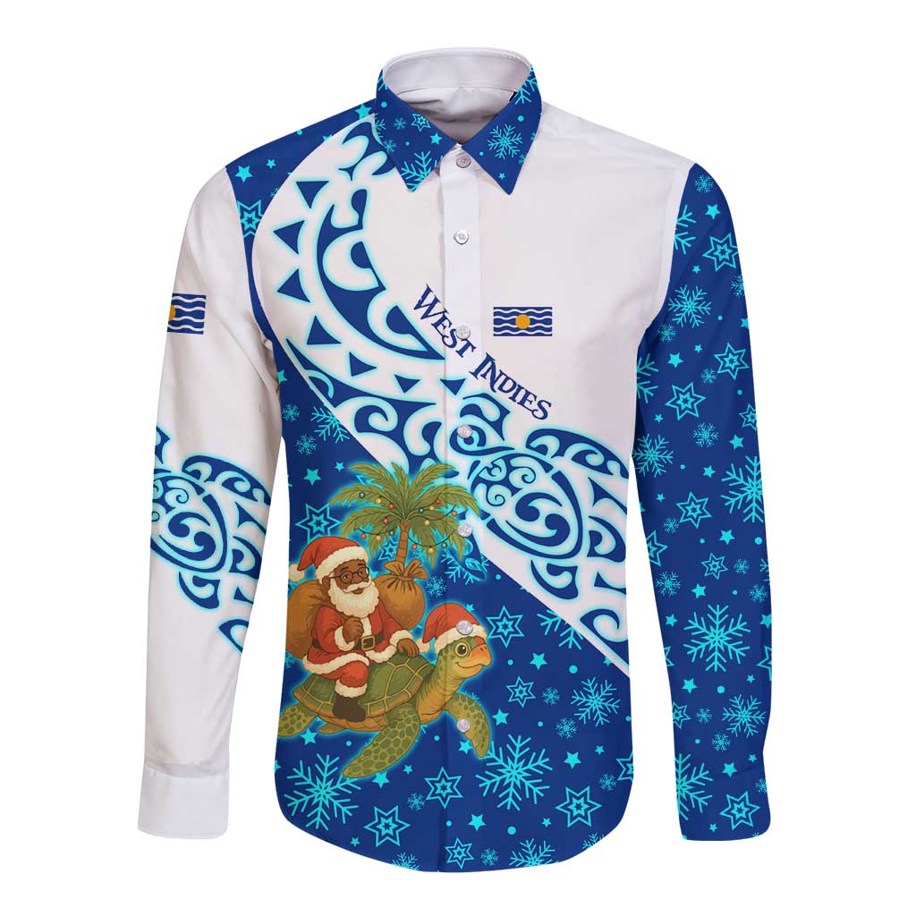 West Indies Christmas Long Sleeve Button Shirt with Santa Riding Turtle Palm Tree and Tribal Snowflake Design - Wonder Print Shop