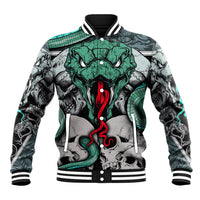 Multicolor baseball jacket with green snake face and red tongue graphic, front button placket