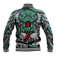 Multicolor baseball jacket with green snake Viper graphic on back, striped rib cuffs