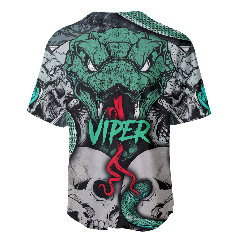 Multicolor baseball jersey, green snake and skull with red viper graphic, back view