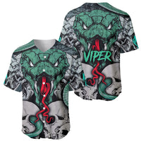 Multicolor baseball jersey shown front and back, green snake and skull with red viper graphics