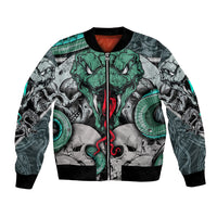 Unisex bomber jacket front zip with skull art and green snake Viper, ribbed hem