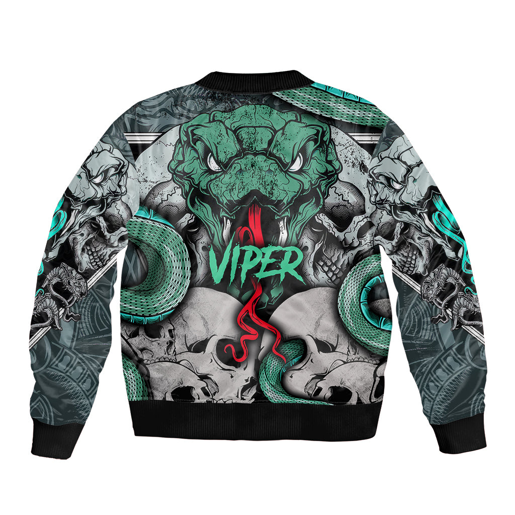 Unisex bomber jacket with skull and green snake Viper graphic, black ribbed cuffs
