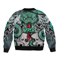 Unisex bomber jacket with skull and green snake Viper graphic, black ribbed cuffs