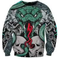 Unisex crewneck sweatshirt with teal skull face and red snake tongue, gray skull pattern