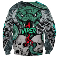 Unisex crewneck sweatshirt with teal skull, red tongue, and snake 'VIPER' print