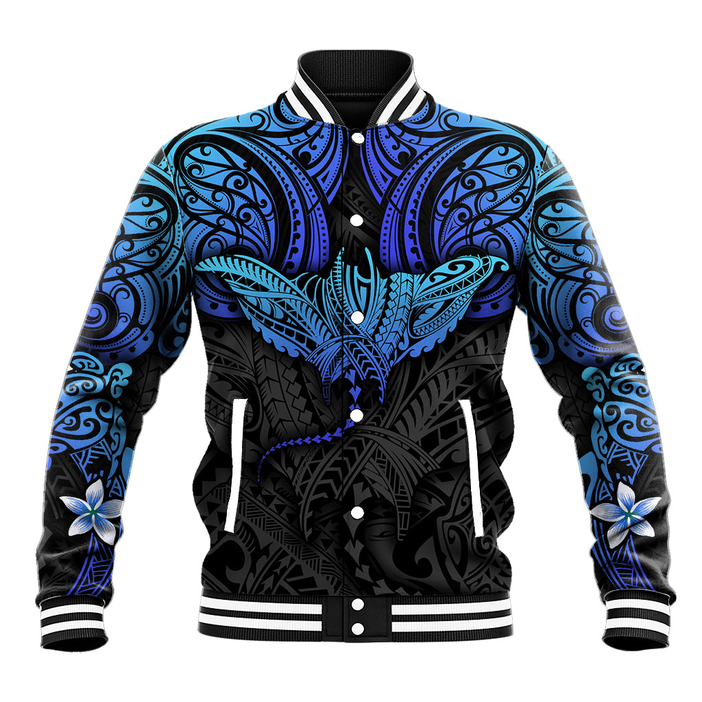 Unisex baseball jacket with blue Polynesian ray pattern, black front with snap buttons