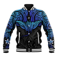 Unisex baseball jacket with blue Polynesian ray pattern, black front with snap buttons