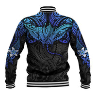 Unisex baseball jacket back, blue tribal ray pattern over black with ribbed hem and cuffs