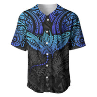Baseball jersey in black and blue with Polynesian ray tribal pattern, button front
