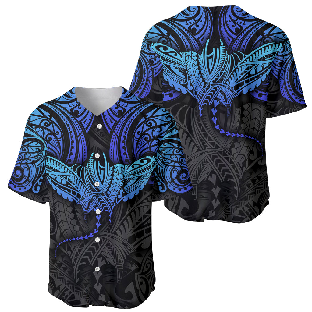 Baseball jersey showing front and back, black and blue Polynesian ray tribal pattern