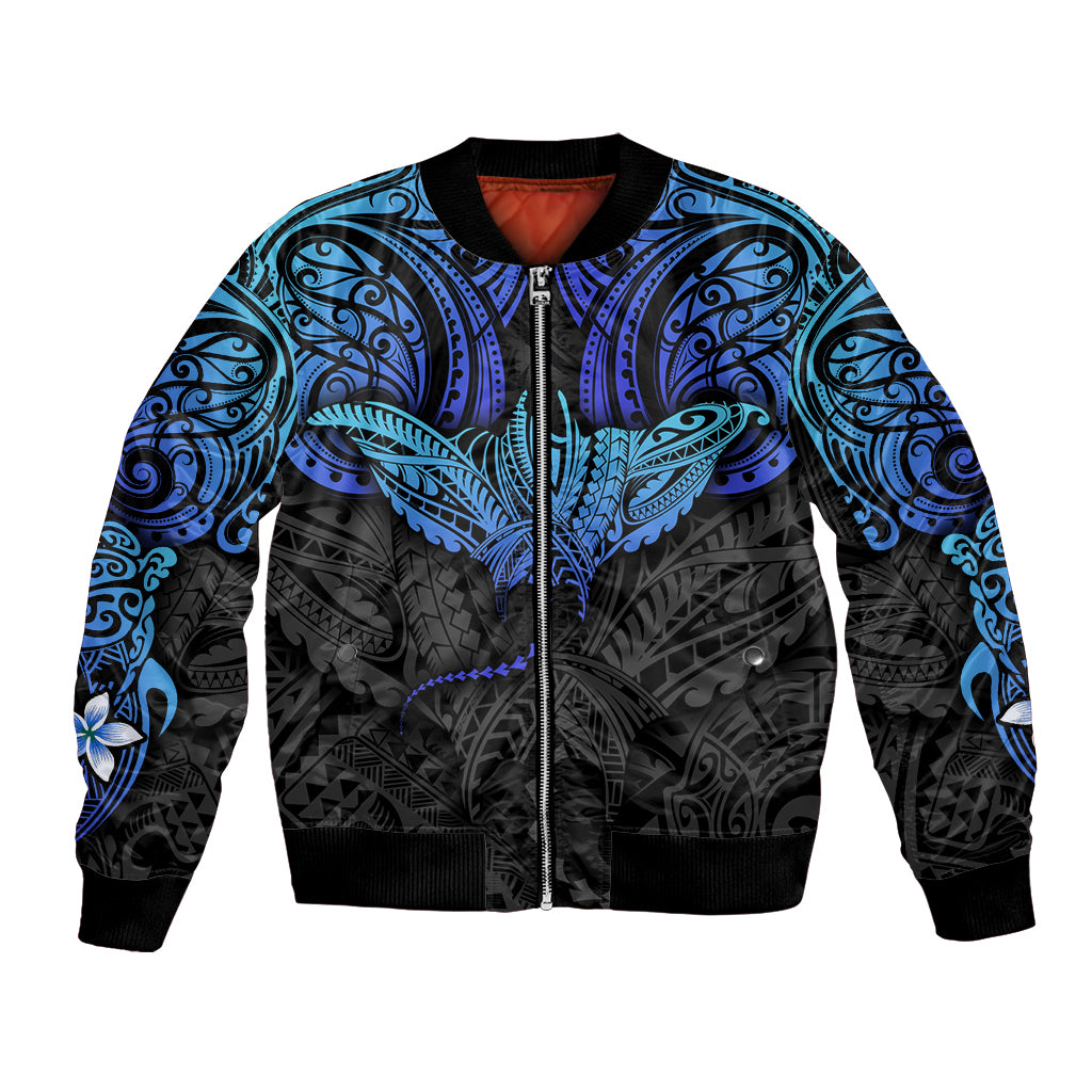 Unisex bomber jacket with blue-and-black ray pattern, full zip and ribbed cuffs