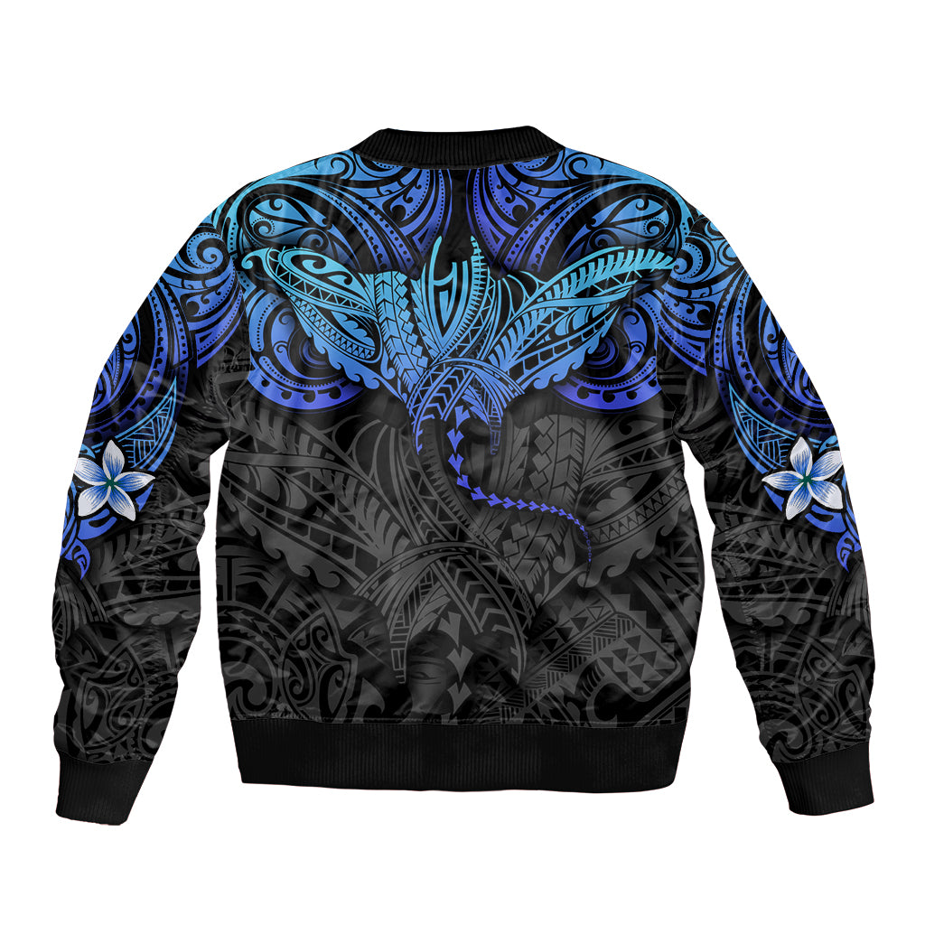 Unisex bomber jacket back with blue tribal ray design, ribbed hem and cuffs