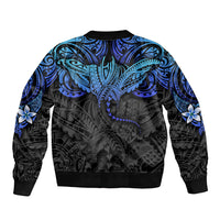 Unisex bomber jacket back with blue tribal ray design, ribbed hem and cuffs