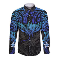 Unisex black and blue long-sleeve button shirt with Polynesian ray graphic front