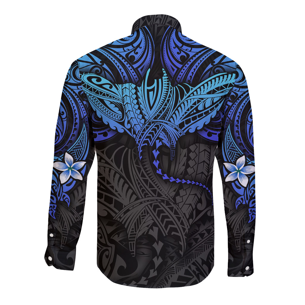 Unisex black and blue long-sleeve button shirt with Polynesian ray graphic back