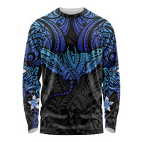 Unisex long-sleeve shirt with blue Polynesian ray pattern and black base, crew neck