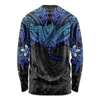Unisex long-sleeve shirt, back view, blue tribal ray pattern on black with crew neck
