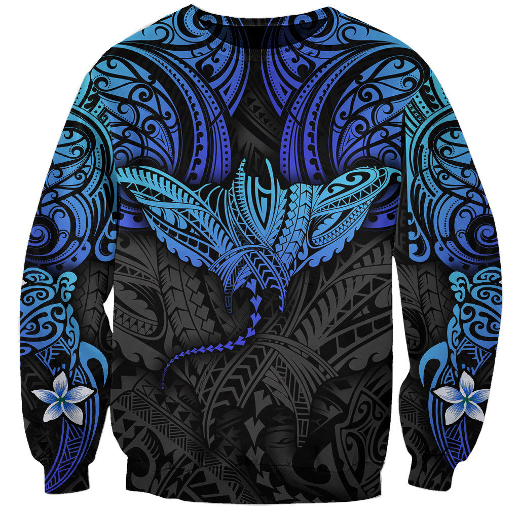 Unisex crewneck sweatshirt, bold black and blue Polynesian ray pattern, long sleeves