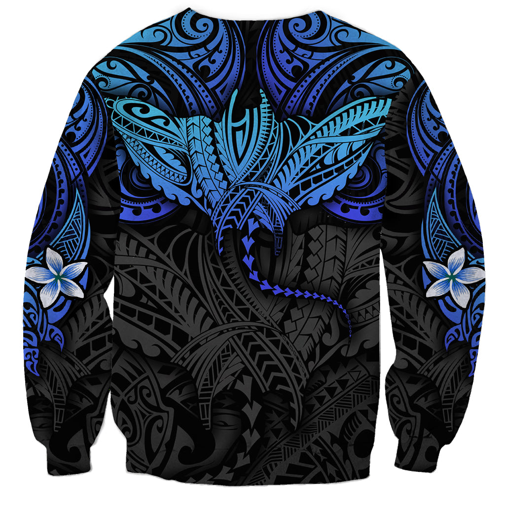 Unisex crewneck sweatshirt, black and blue Polynesian ray pattern on full back view, long sleeves