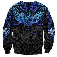 Unisex crewneck sweatshirt, black and blue Polynesian ray pattern on full back view, long sleeves