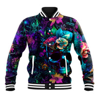 Unisex baseball jacket front with multicolor floral skull graphic, snap button placket and striped trim.