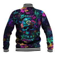 Unisex baseball jacket with colorful floral skull graphic, ribbed striped collar and cuffs.
