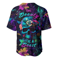 Multicolor baseball jersey with floral skull graphic and script text 'Beauty is a Beast'